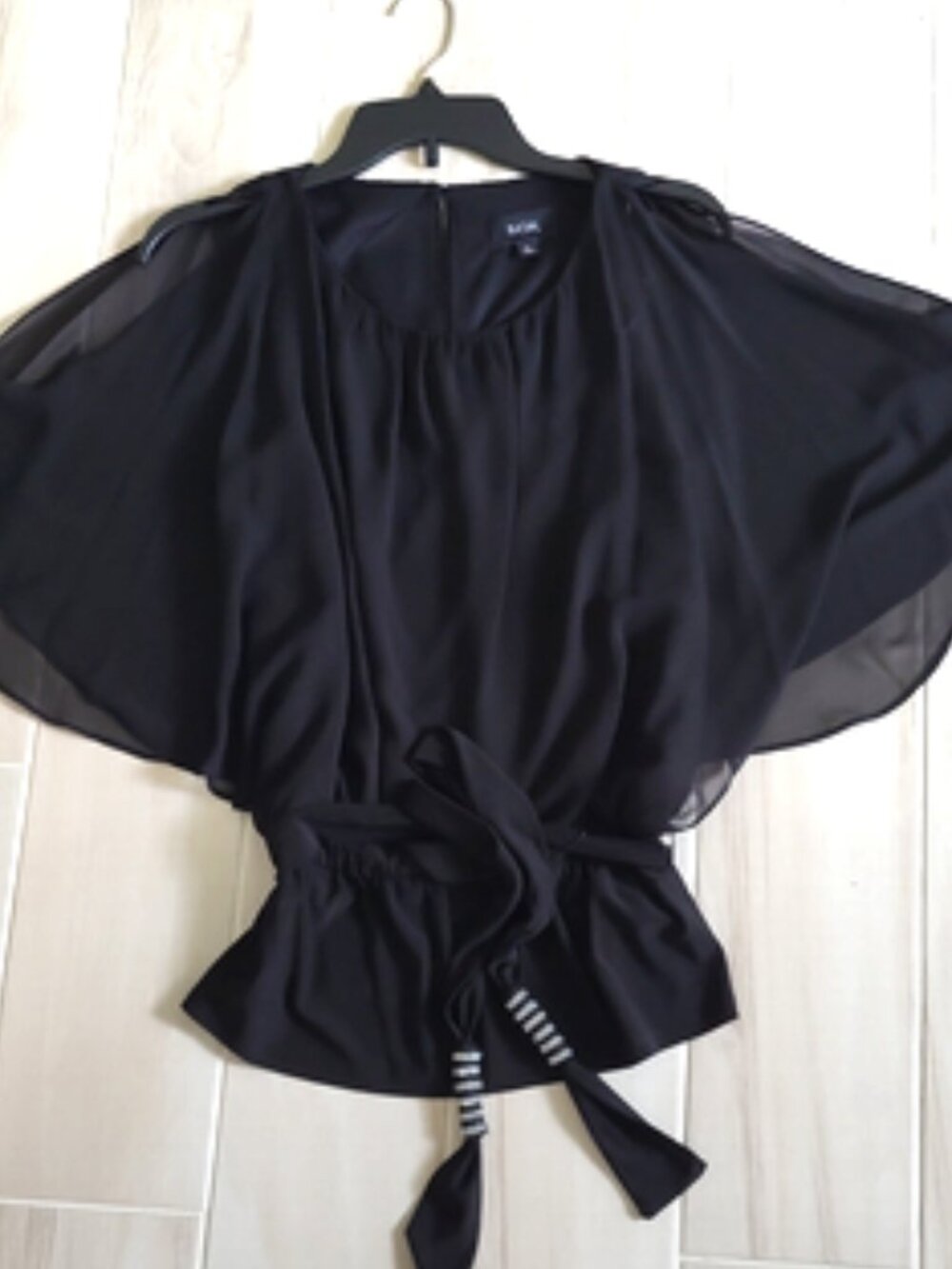 MSK Black Batwing Open Sleeve Tie-Waist Blouse Rhinestone Accents Size M